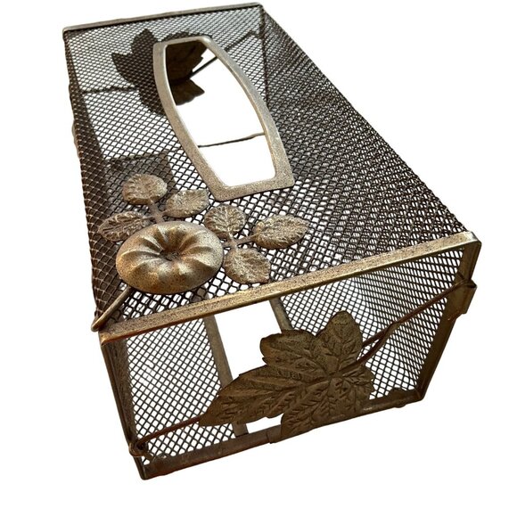 Vintage Other - VTG MCM Tissue Box Cover Gold Tone Wire Mesh Hollywood Regency Leaves and Flower